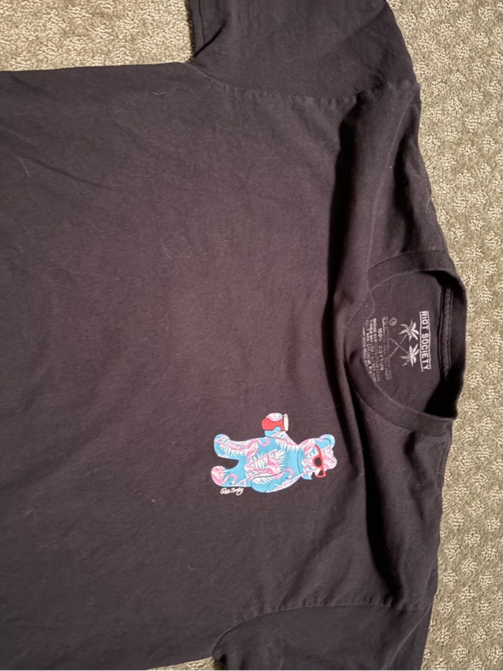 riot society Black Tee with Blue and Pink Bear Graphic